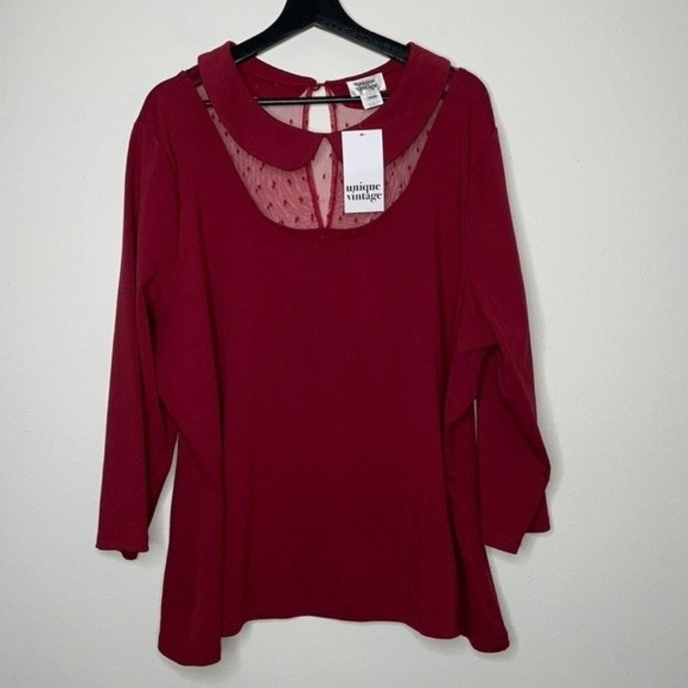 Unique Vintage Red Blouse with Sheer Polka Dot Detail